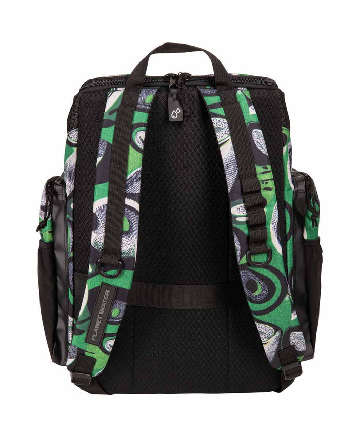 Arena One Go Allover Backpack 45L in Kente fabric showing a spacious blue and Kente patterned backpack with adjustable straps.