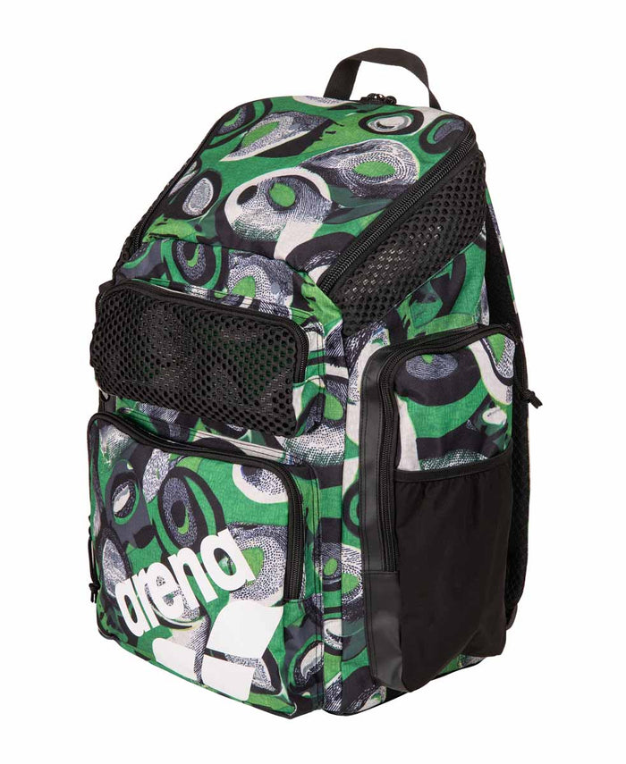 Arena One Go Allover Backpack 45L in Kente fabric, durable blue backpack with multiple compartments and adjustable straps.