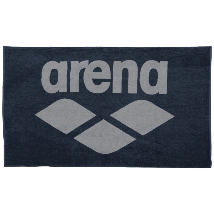 Arena Pool Soft Towel in navy and grey, showing a plush, absorbent fabric towel with the Arena logo for swimming and pool use.