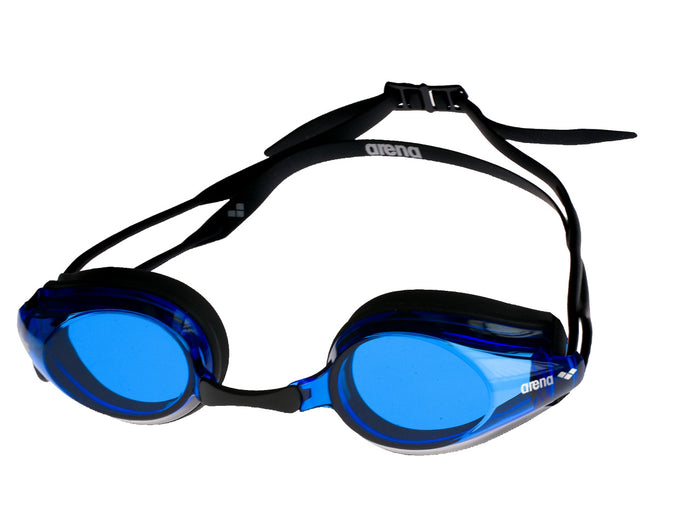 Arena Tracks black and blue swimming goggles with adjustable straps and clear lenses for competitive swimming.