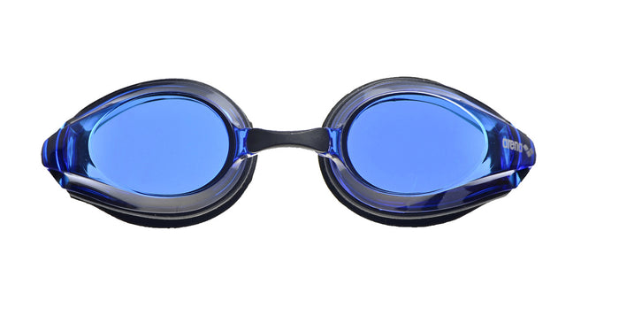 Arena Tracks black and blue swimming goggles with adjustable straps and clear lenses.
