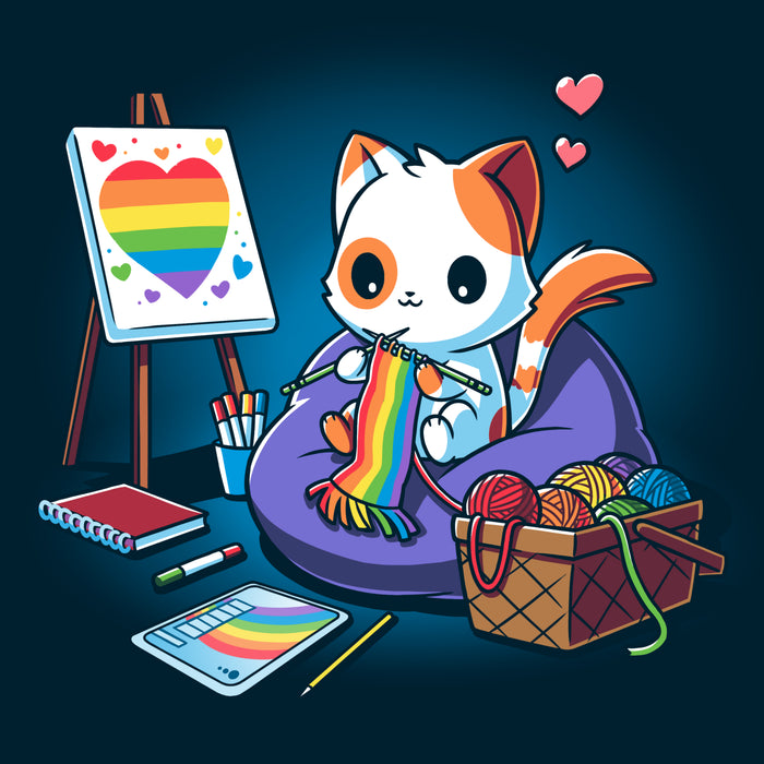 Premium Cotton T-shirt_TeeTurtle navy blue Arts and Crafts and Rainbows apparel featuring a cat knitting rainbow scarf, surrounded by a basket of rainbow yarn, rainbow notebook, and easel with rainbow artwork.