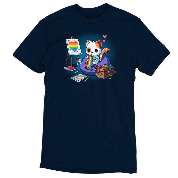 Premium Cotton T-shirt_TeeTurtle navy blue Arts and Crafts and Rainbows apparel featuring a cat knitting rainbow scarf, surrounded by a basket of rainbow yarn, rainbow notebook, and easel with rainbow artwork.