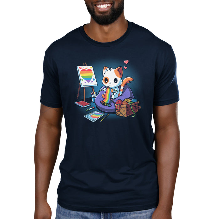 Premium Cotton T-shirt_TeeTurtle navy blue Arts and Crafts and Rainbows apparel featuring a cat knitting rainbow scarf, surrounded by a basket of rainbow yarn, rainbow notebook, and easel with rainbow artwork.