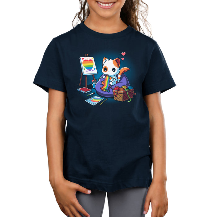 Premium Cotton T-shirt_TeeTurtle navy blue Arts and Crafts and Rainbows apparel featuring a cat knitting rainbow scarf, surrounded by a basket of rainbow yarn, rainbow notebook, and easel with rainbow artwork.
