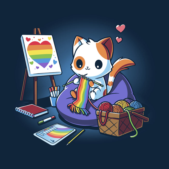 Classic Cotton T-shirt_TeeTurtle navy blue Arts and Crafts and Rainbows apparel featuring a cat knitting rainbow scarf, surrounded by a basket of rainbow yarn, rainbow notebook, and easel with rainbow artwork.
