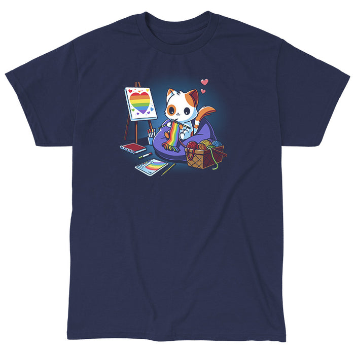 Classic Cotton T-shirt_TeeTurtle navy blue Arts and Crafts and Rainbows apparel featuring a cat knitting rainbow scarf, surrounded by a basket of rainbow yarn, rainbow notebook, and easel with rainbow artwork.