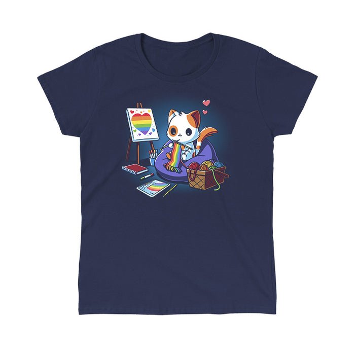 Classic Cotton T-shirt_TeeTurtle navy blue Arts and Crafts and Rainbows apparel featuring a cat knitting rainbow scarf, surrounded by a basket of rainbow yarn, rainbow notebook, and easel with rainbow artwork.