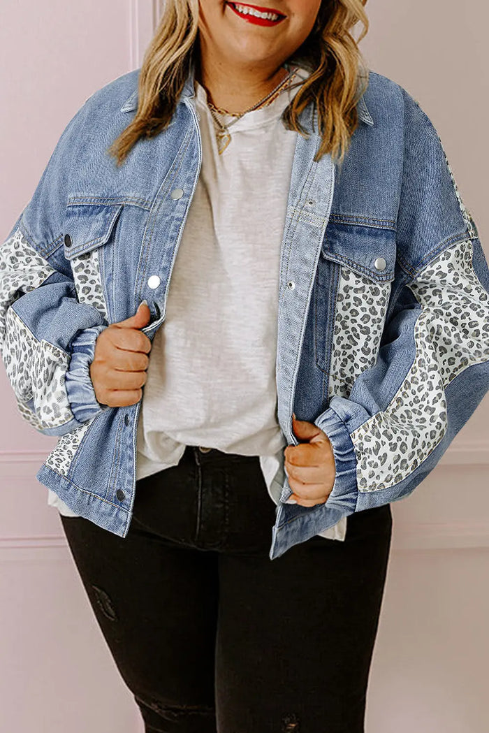 Beau Blue Leopard Patchwork Flap Detail Plus Size Denim Jacket - BEAU BLUE / 1X / 75% COTTON + 25% POLYESTER