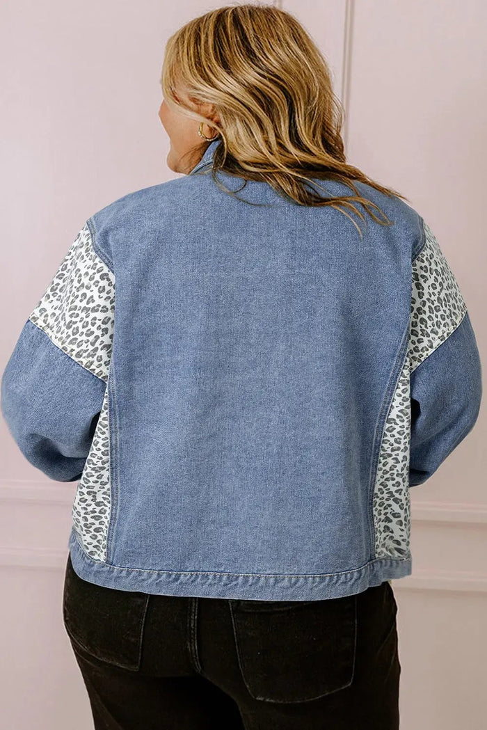 Beau Blue Leopard Patchwork Flap Detail Plus Size Denim Jacket - Size/Plus Outerwear