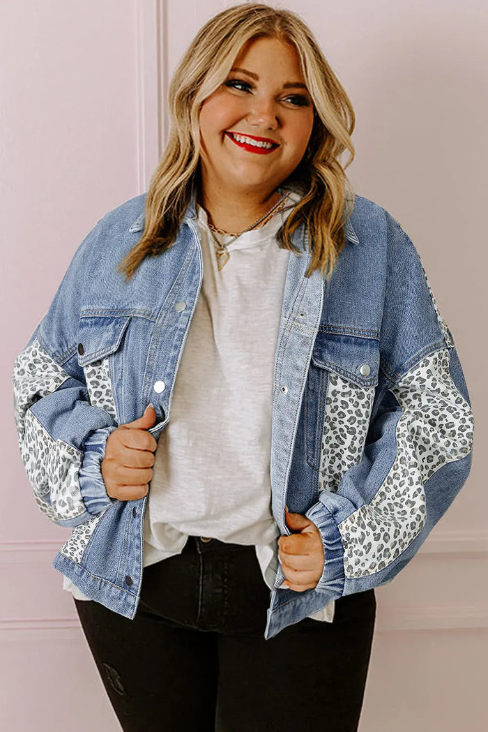 Beau Blue Leopard Patchwork Flap Detail Plus Size Denim Jacket - Size/Plus Outerwear