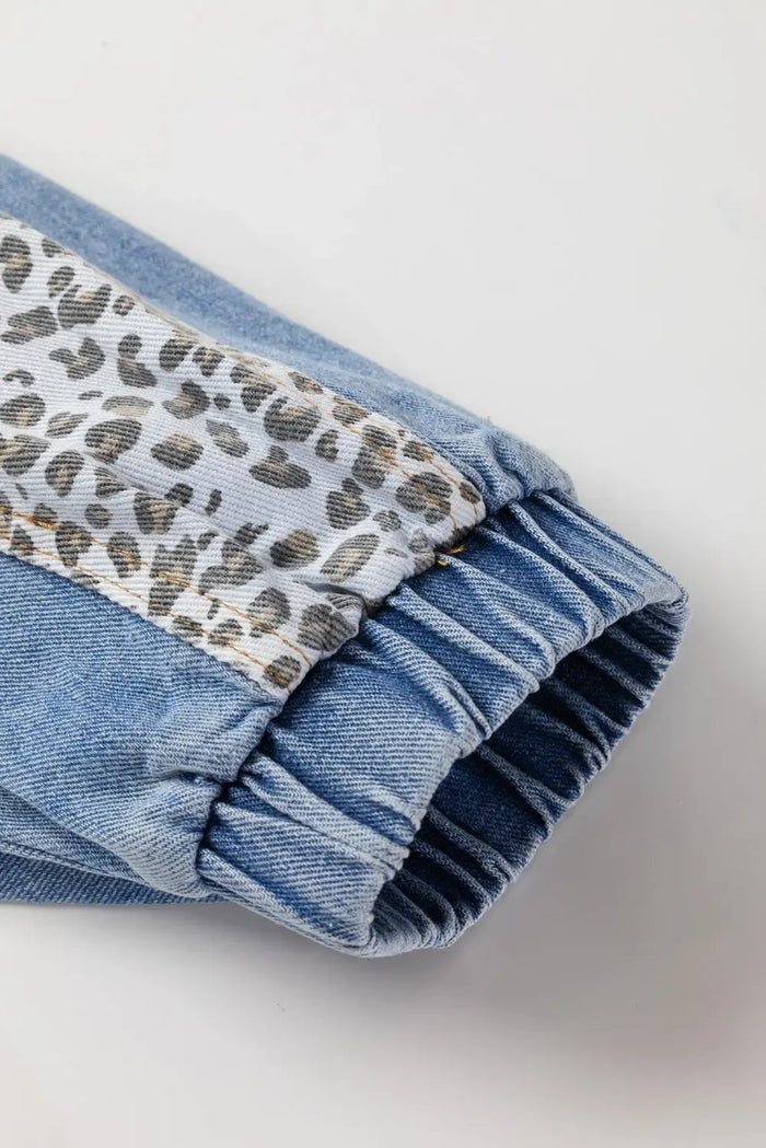 Beau Blue Leopard Patchwork Flap Detail Plus Size Denim Jacket - Size/Plus Outerwear
