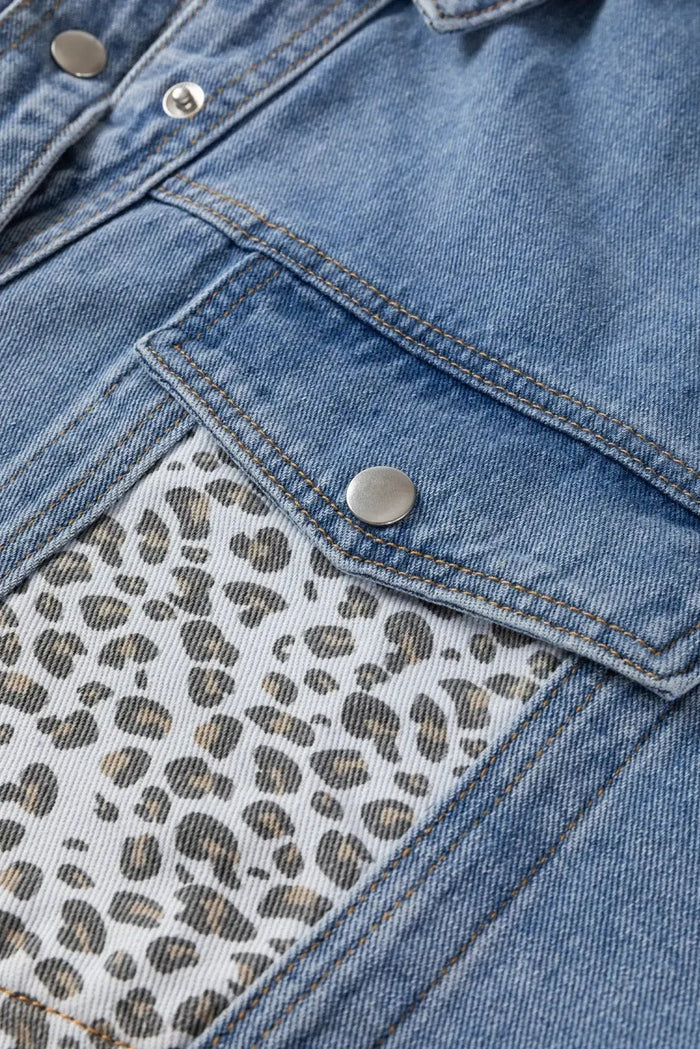 Beau Blue Leopard Patchwork Flap Detail Plus Size Denim Jacket - Size/Plus Outerwear