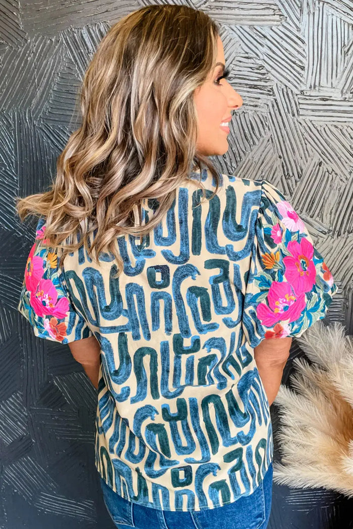 Beige Embroidered Puff Sleeve Frilled Neck Printed Top - Tops/Tops & Tees