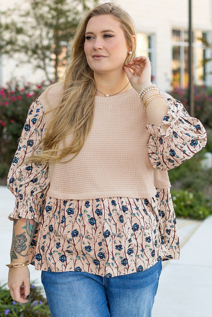Beige Faux Two Piece Knit Patchwork Floral Print Plus Size Top - BEIGE / 1X / 70% POLYESTER + 27% VISCOSE + 3% ELASTANE