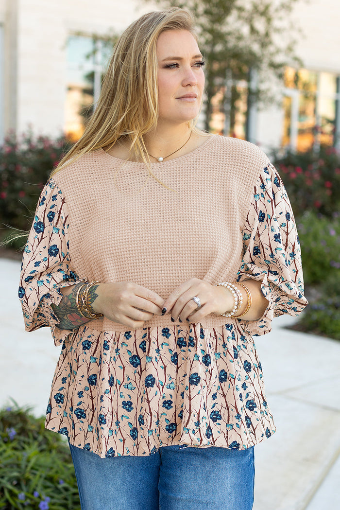 Beige Faux Two Piece Knit Patchwork Floral Print Plus Size Top - Size/Plus Tops/Plus Blouses & Shirts