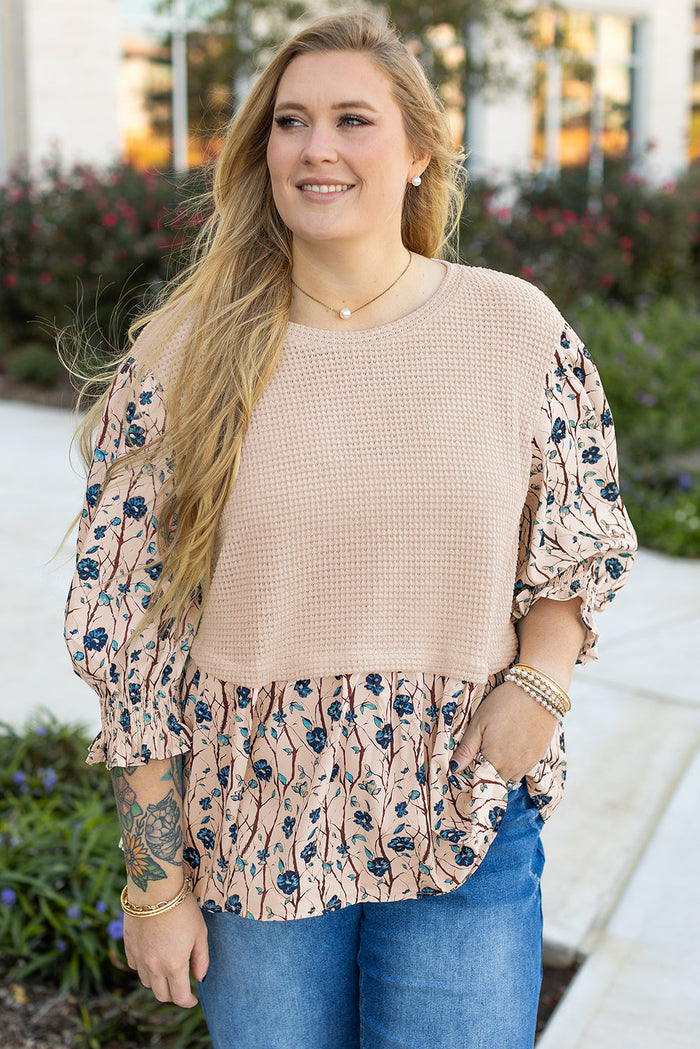 Beige Faux Two Piece Knit Patchwork Floral Print Plus Size Top - Size/Plus Tops/Plus Blouses & Shirts