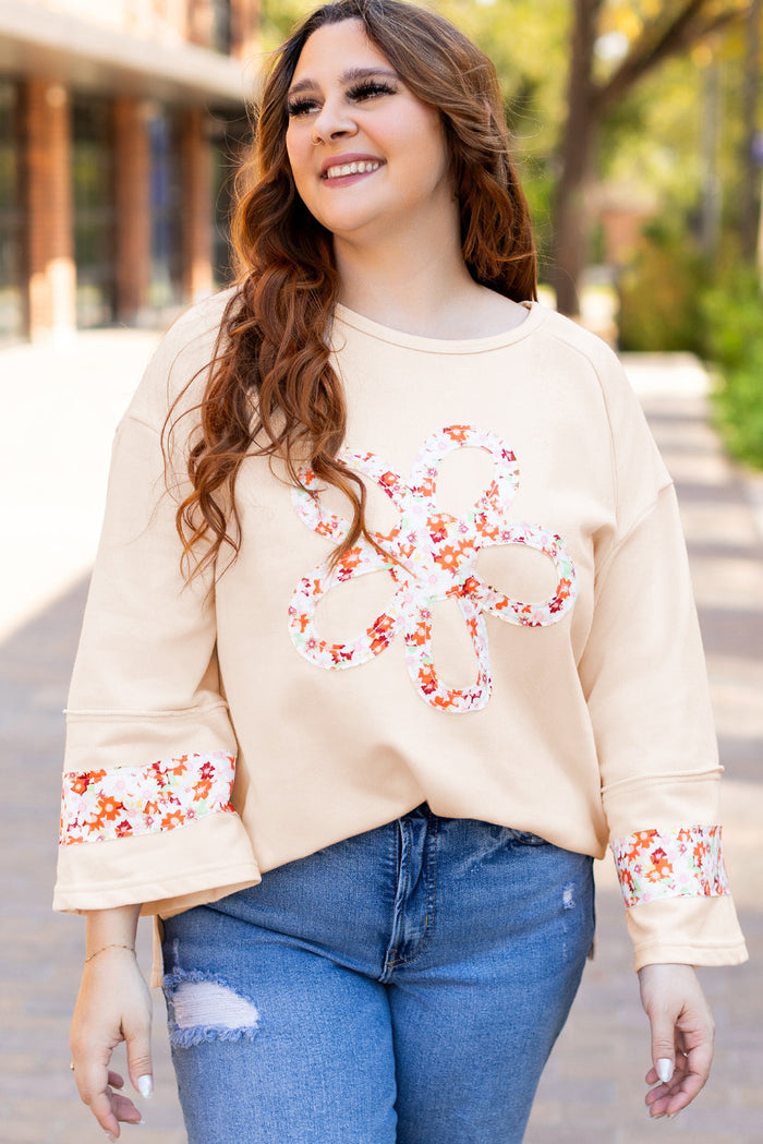 Beige Plus Size Flower Patched Side Slits Crewneck Top - BEIGE / 1X / 65% POLYESTER + 35% COTTON - Size/Plus Tops/Plus