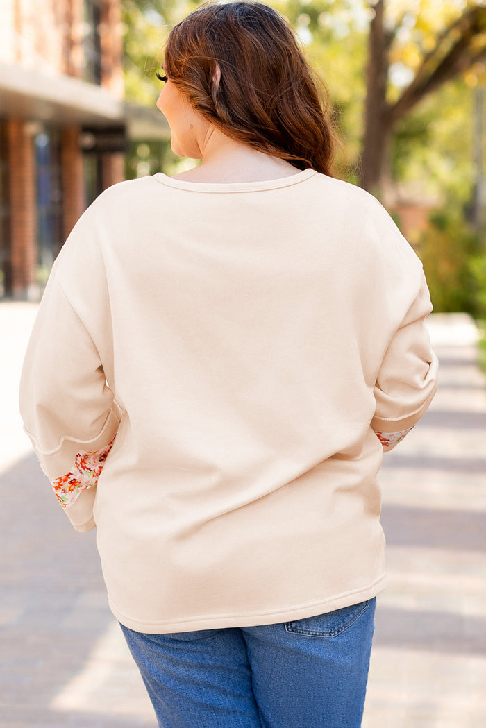 Beige Plus Size Flower Patched Side Slits Crewneck Top - Size/Plus Tops/Plus Tops & Tees