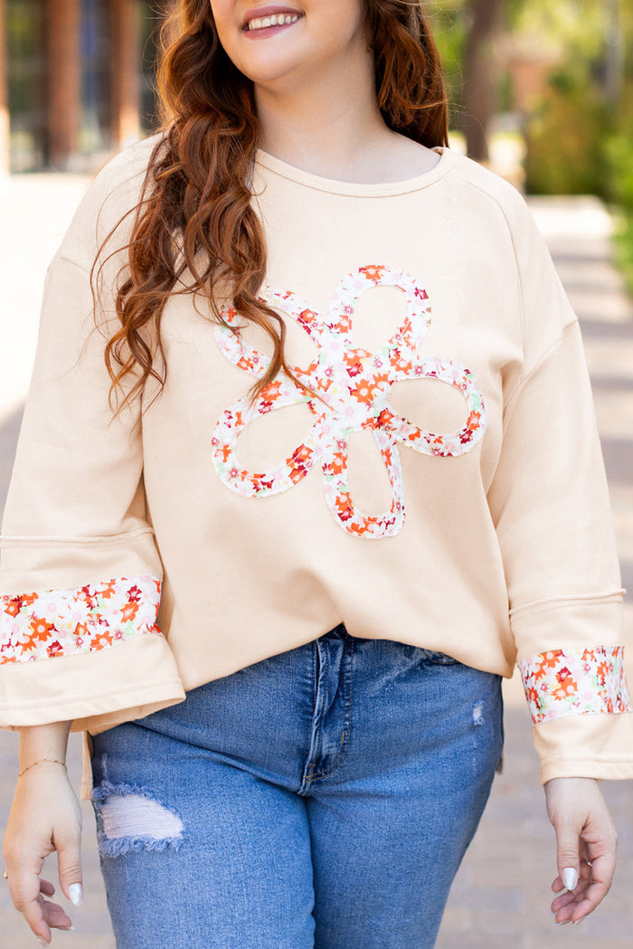 Beige Plus Size Flower Patched Side Slits Crewneck Top - Size/Plus Tops/Plus Tops & Tees