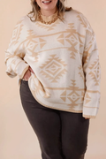 Beige Plus Size Western Aztec Print Loose Sweater - APRICOT / 1X / 65% ACRYLIC + 35% POLYAMIDE - Size/Plus Sweaters &