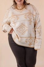 Beige Plus Size Western Aztec Print Loose Sweater - APRICOT / 1X / 65% ACRYLIC + 35% POLYAMIDE - Size/Plus Sweaters &