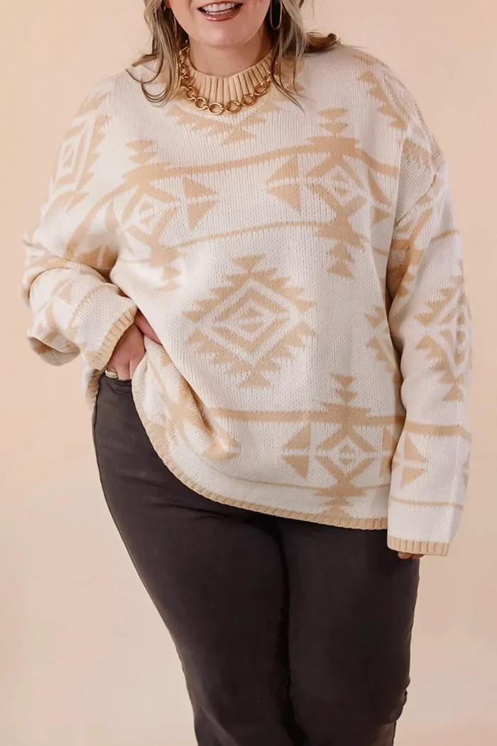 Beige Plus Size Western Aztec Print Loose Sweater - APRICOT / 1X / 65% ACRYLIC + 35% POLYAMIDE - Size/Plus Sweaters &