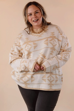 Beige Plus Size Western Aztec Print Loose Sweater - Size/Plus Sweaters & Cardigans