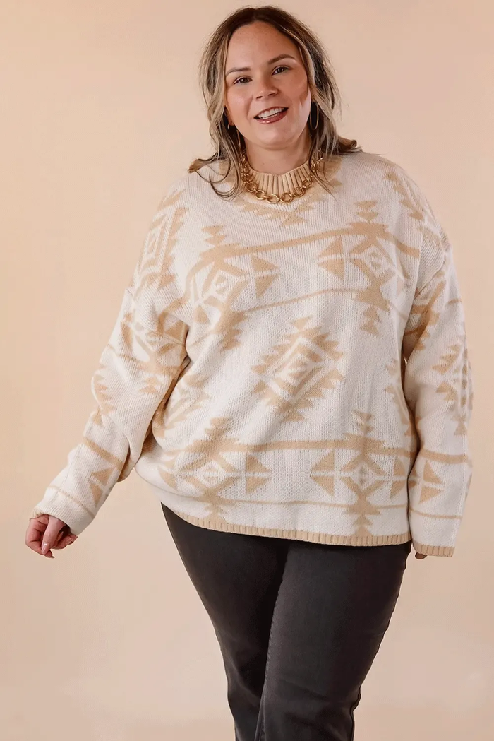 Beige Plus Size Western Aztec Print Loose Sweater - Size/Plus Sweaters & Cardigans