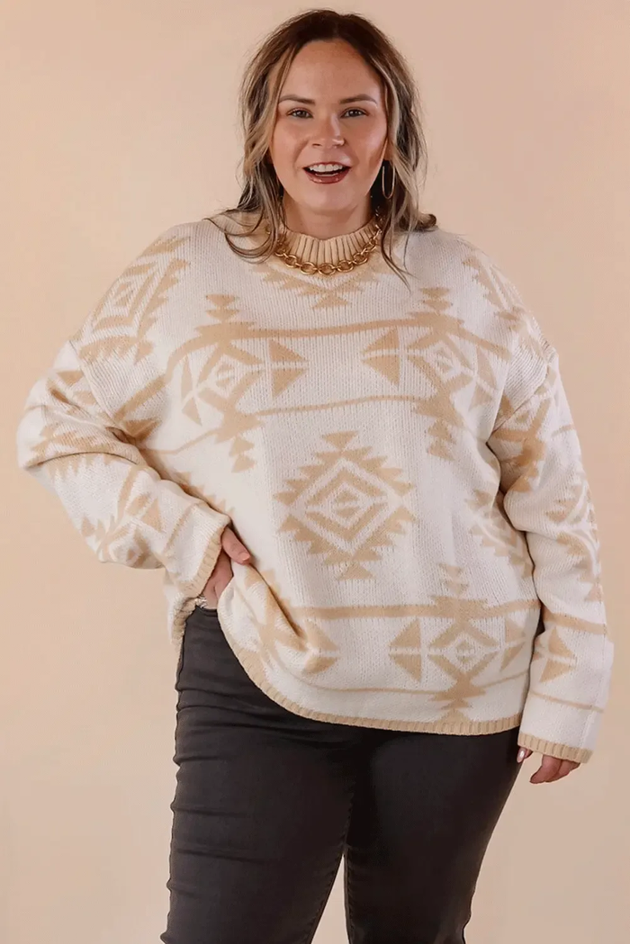 Beige Plus Size Western Aztec Print Loose Sweater - Size/Plus Sweaters & Cardigans