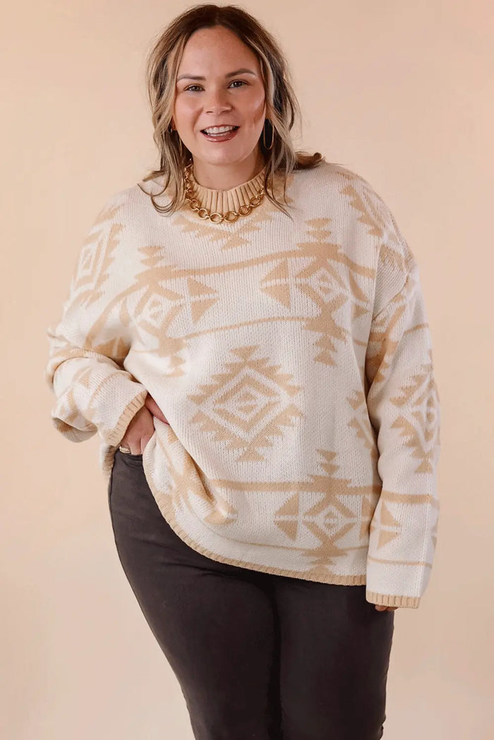 Beige Plus Size Western Aztec Print Loose Sweater - Size/Plus Sweaters & Cardigans