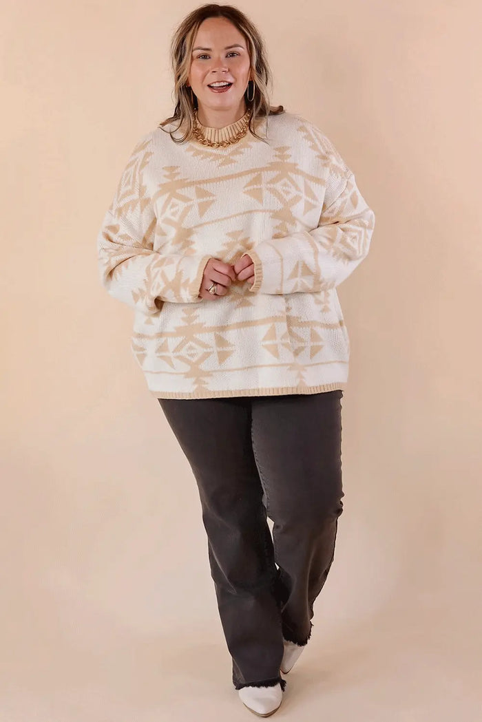 Beige Plus Size Western Aztec Print Loose Sweater - Size/Plus Sweaters & Cardigans