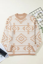 Beige Plus Size Western Aztec Print Loose Sweater - Size/Plus Sweaters & Cardigans