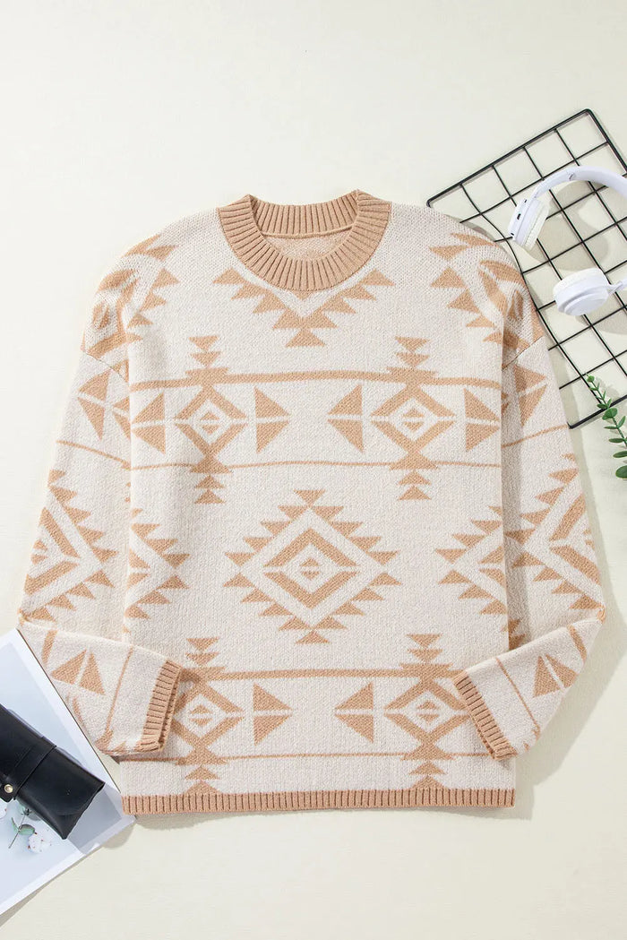 Beige Plus Size Western Aztec Print Loose Sweater - Size/Plus Sweaters & Cardigans