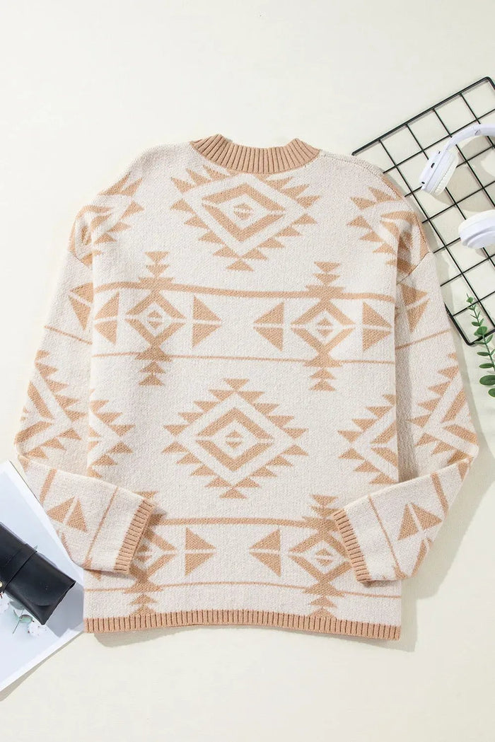 Beige Plus Size Western Aztec Print Loose Sweater - Size/Plus Sweaters & Cardigans