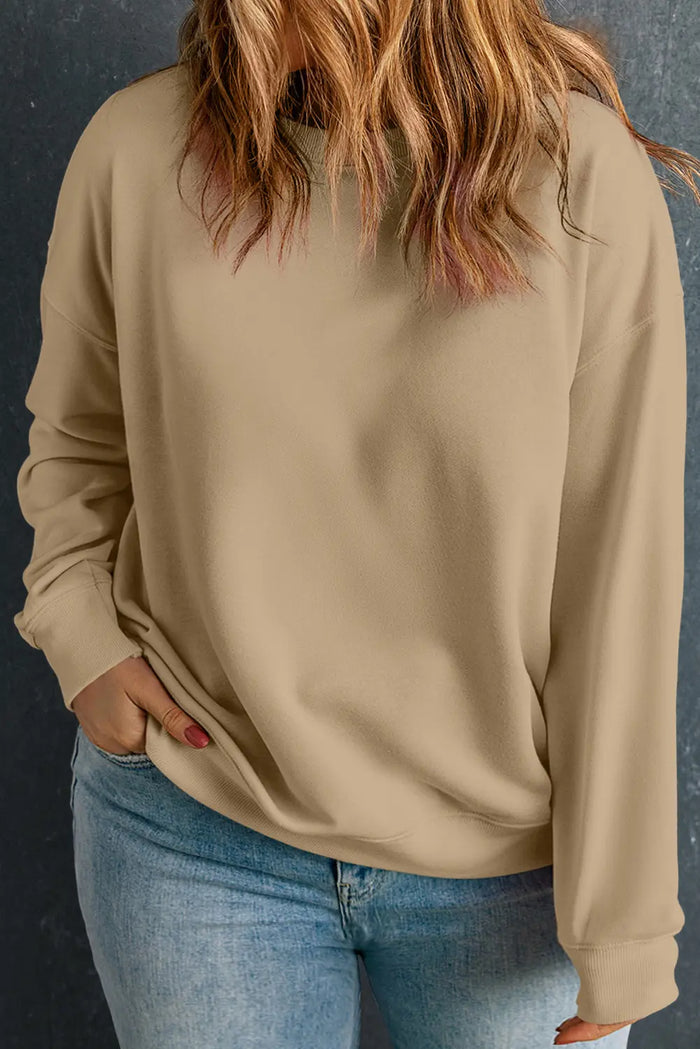 Beige Solid Crew Neck Drop Shoulder Plus Size Sweatshirt - APRICOT / 1X / 50% POLYESTER + 50% COTTON - Size/Plus