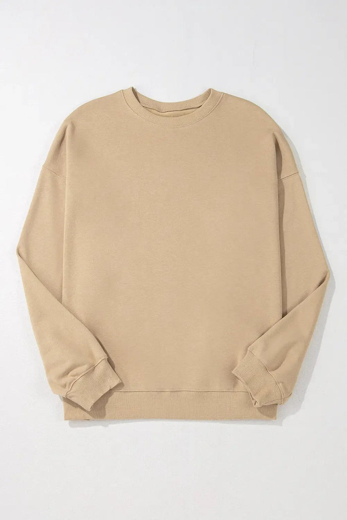 Beige Solid Crew Neck Drop Shoulder Plus Size Sweatshirt - Size/Plus Sweatshirts & Hoodies