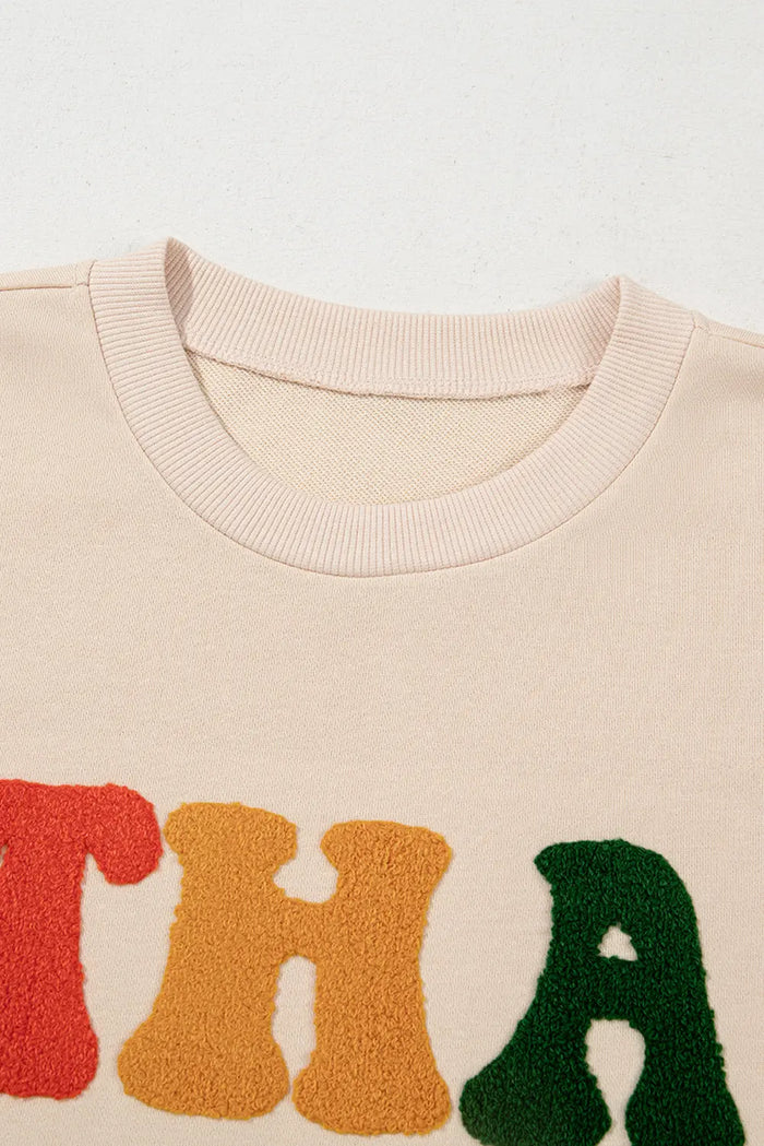 Beige THANKS Chenille Embroidered Drop Shoulder Graphic Sweatshirt - Tops/Sweatshirts & Hoodies