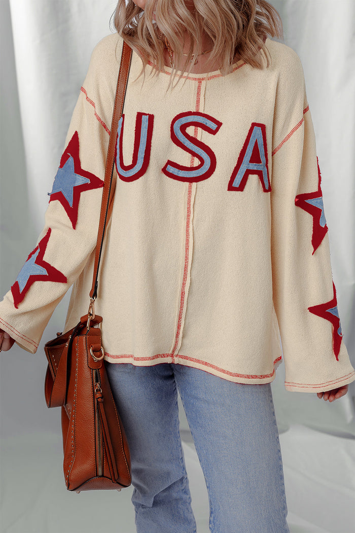 Beige USA Star Contrast Patchwork Exposed Seam Long Sleeve Top - S - Tops/Long Tops