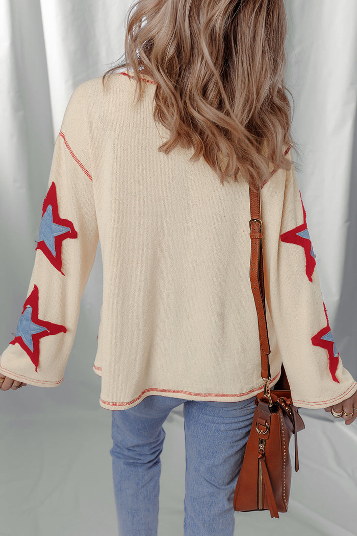 Beige USA Star Contrast Patchwork Exposed Seam Long Sleeve Top - Tops/Long Tops