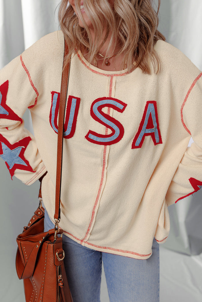 Beige USA Star Contrast Patchwork Exposed Seam Long Sleeve Top - Tops/Long Tops