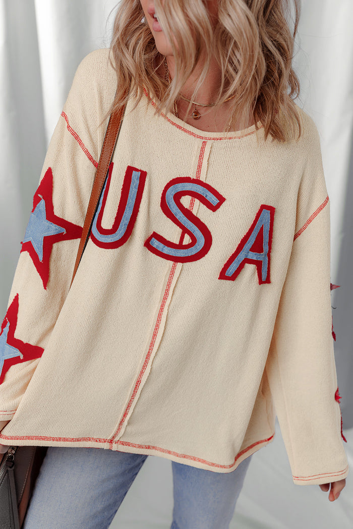 Beige USA Star Contrast Patchwork Exposed Seam Long Sleeve Top - Tops/Long Tops