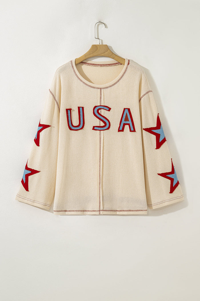 Beige USA Star Contrast Patchwork Exposed Seam Long Sleeve Top - Tops/Long Tops