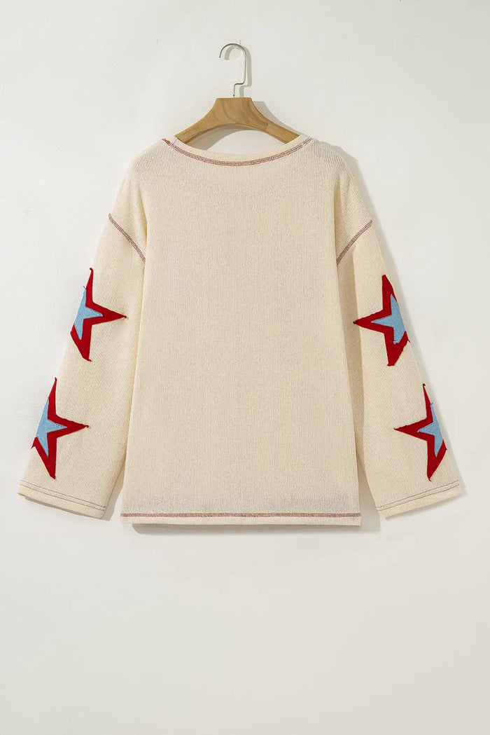 Beige USA Star Contrast Patchwork Exposed Seam Long Sleeve Top - Tops/Long Tops