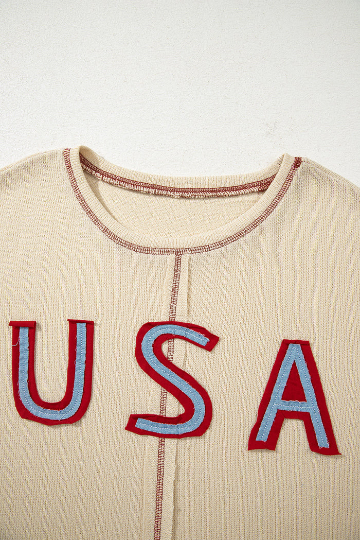 Beige USA Star Contrast Patchwork Exposed Seam Long Sleeve Top - Tops/Long Tops