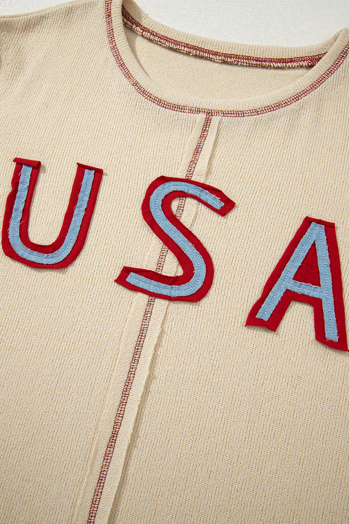 Beige USA Star Contrast Patchwork Exposed Seam Long Sleeve Top - Tops/Long Tops