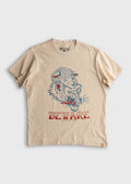 Beige T-shirt with a fierce wolf illustration and "BEWARE" text in red. Iron & Resin logo inside the collar.