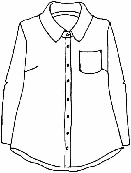 Bias Back Shirt, detailed sketch shown.  100% Linen, collared button down blouse, with 1 chest pocket, beautiful bias back detail, and a rounded hemline.