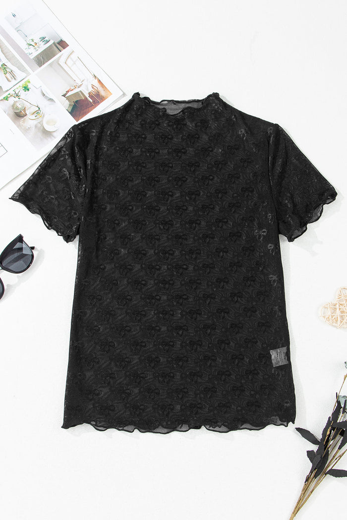 Black Bowknot Sheer Mesh Mock Neck Lettuce Trim Short Sleeve Top - Tops/Tops & Tees