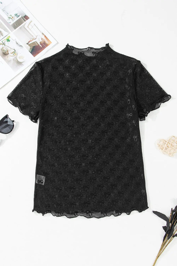 Black Bowknot Sheer Mesh Mock Neck Lettuce Trim Short Sleeve Top - Tops/Tops & Tees